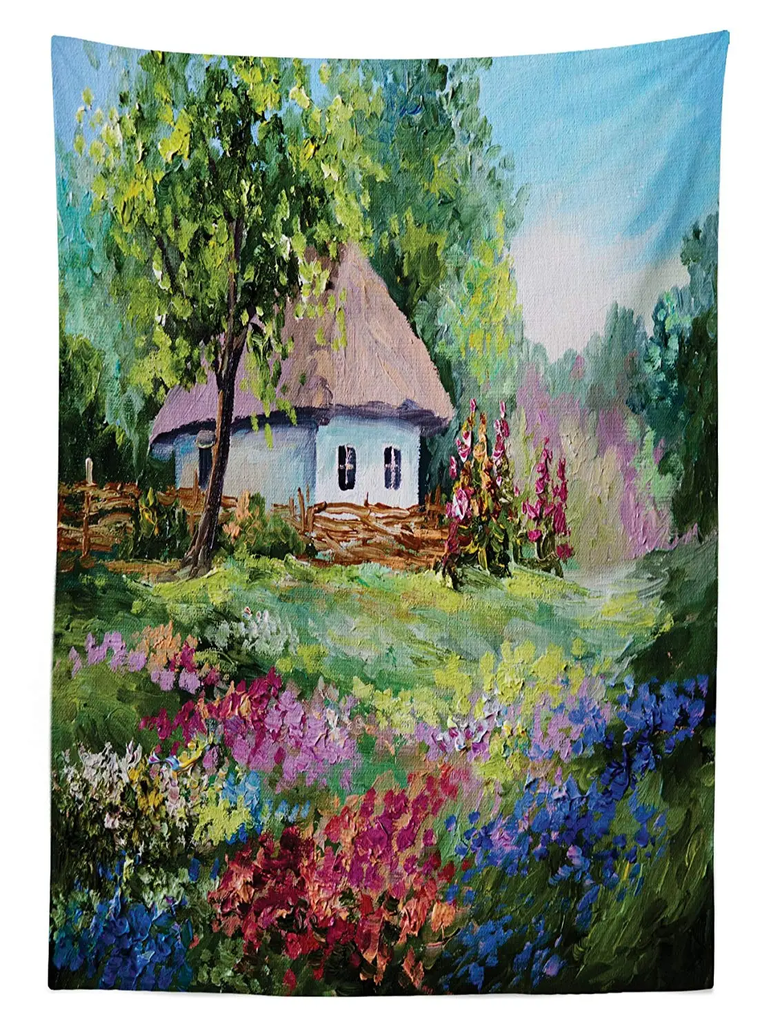 Крестьянская скатерть художественный каменный дом и небольшой сад с деревянным