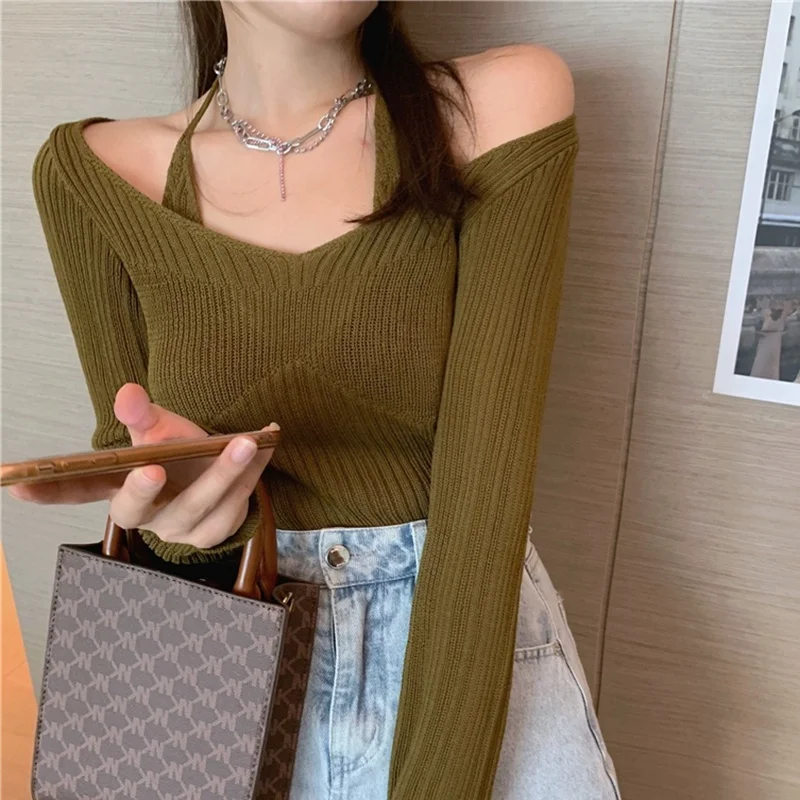 

Женский трикотажный топ на шнуровке, с длинным рукавом и открытыми плечами