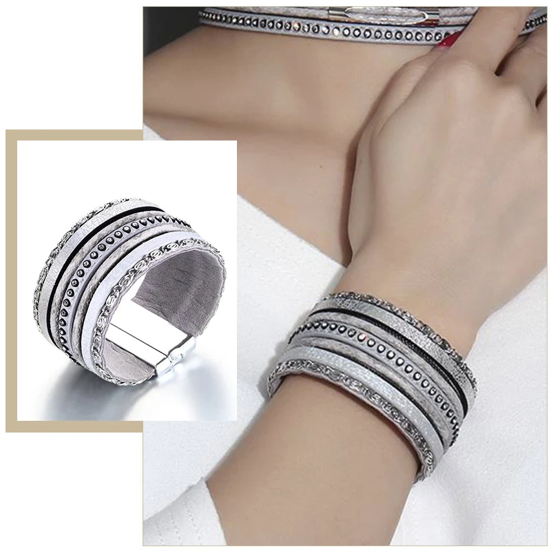 Винтажные женские браслеты из искусственной кожи с камнями широкий массивный