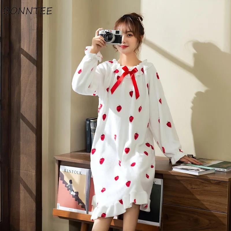 

Nightgowns Women Winter Coral Fleeze Warm Princess Bow Comfortable Korean Solid Loose Lovely Girls Pyjamas Homewear Leisure New