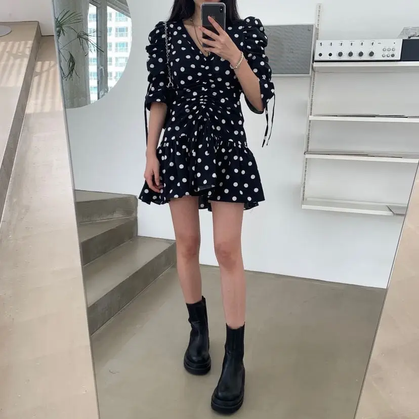 

ZOSOL New Elegant V-neck Drawstring Puff Sleeve Small Square Polka Dot Dress Slimming Dress