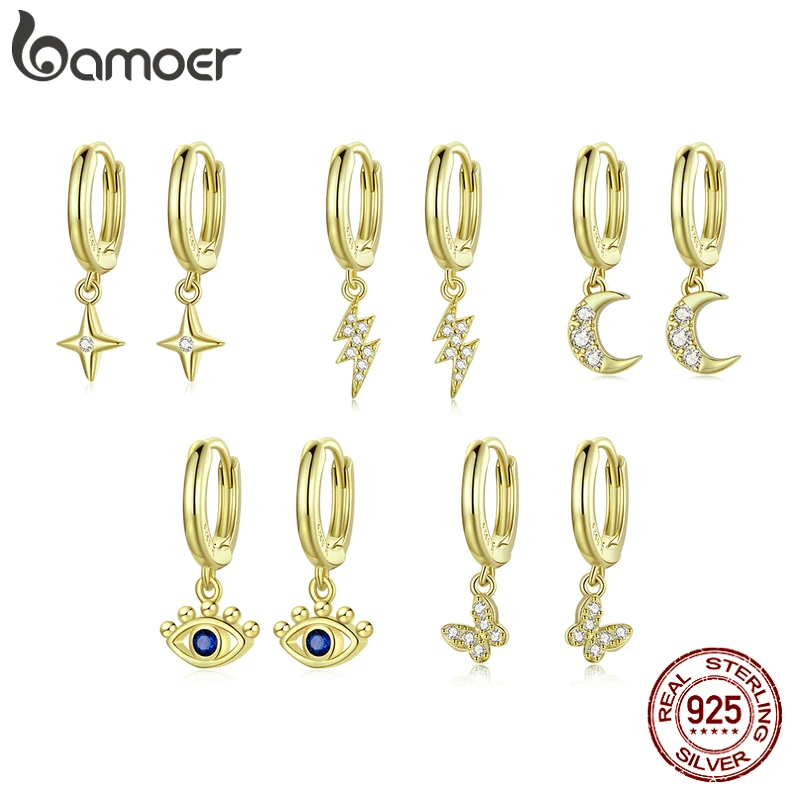 

BAMOER Gold Moon Star Ear Buckle 925 Sterling Silver Earrings Shining Lightning Guardian Eye Butterfly Hoop Earrings for Women