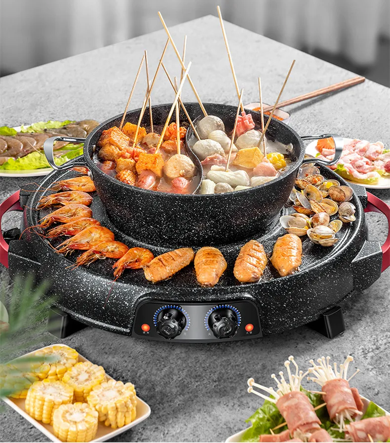 220v electric barbecue grill machine 2 in 1 hotpot non stick household multi cooker pan hot pot two flaver hot pot free global shipping