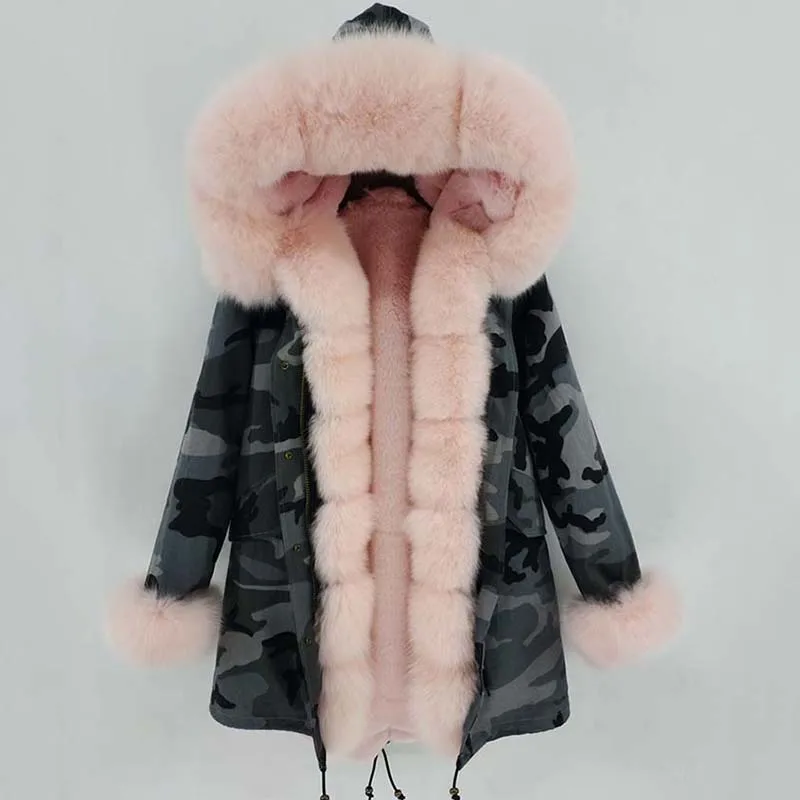 Женское камуфляжное пальто длинная парка серого цвета с воротником из лисьего