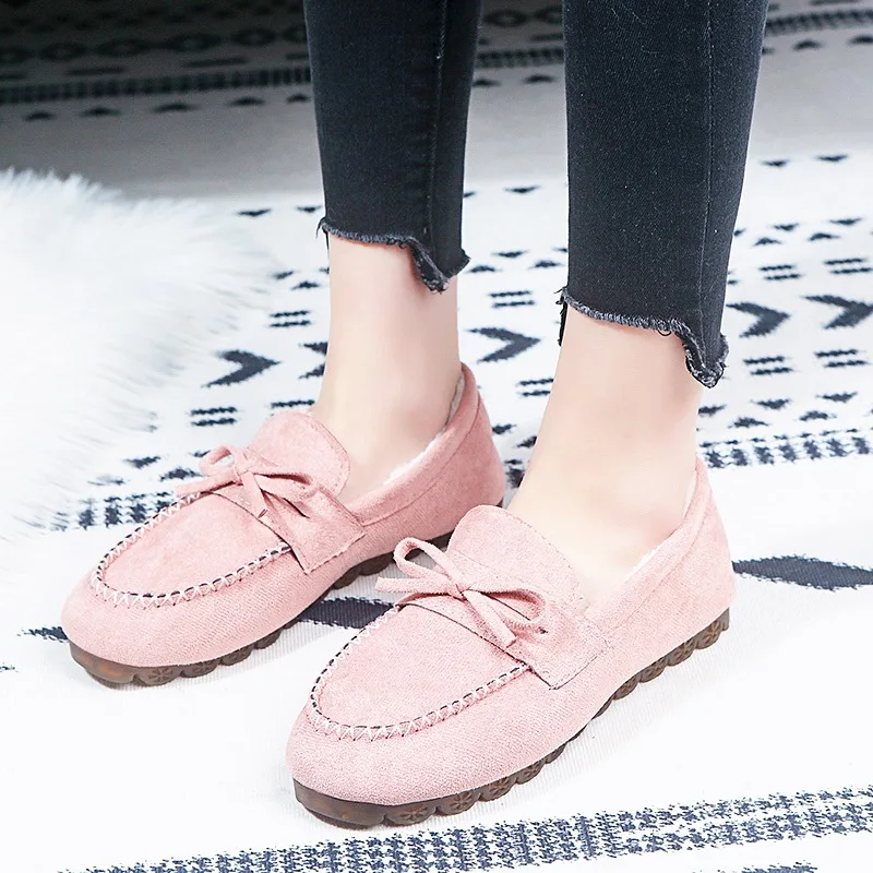 Flat-bottomed Plus Velvet Loafers Women's Autumn and Winter 2021 Round Toe Bow Casual Shoes Lazy Shoes Non-lace Overshoes