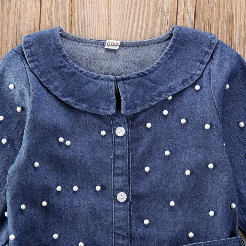 New Kids Blue Pearl Bowknot Denim Jeans Baby Girl Long Sleeve T-Shirt Girls Dress Kid Coat Toddler Clothes | Детская одежда и