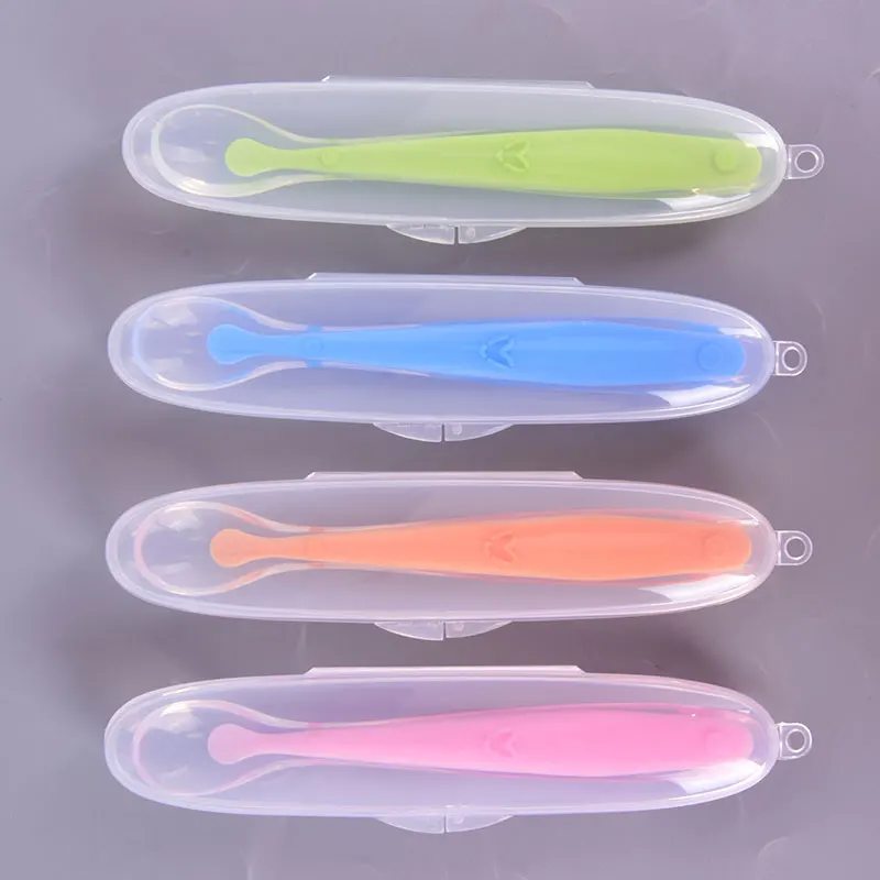 Cuchara antideslizante de entrenamiento para beb&eacute;, vajilla bonita de silicona de grado alimenticio para alimentaci&oacute;n de beb&eacute;, cuchara de alimentaci&oacute;n con caja de almacenamiento, 1 ud.-1