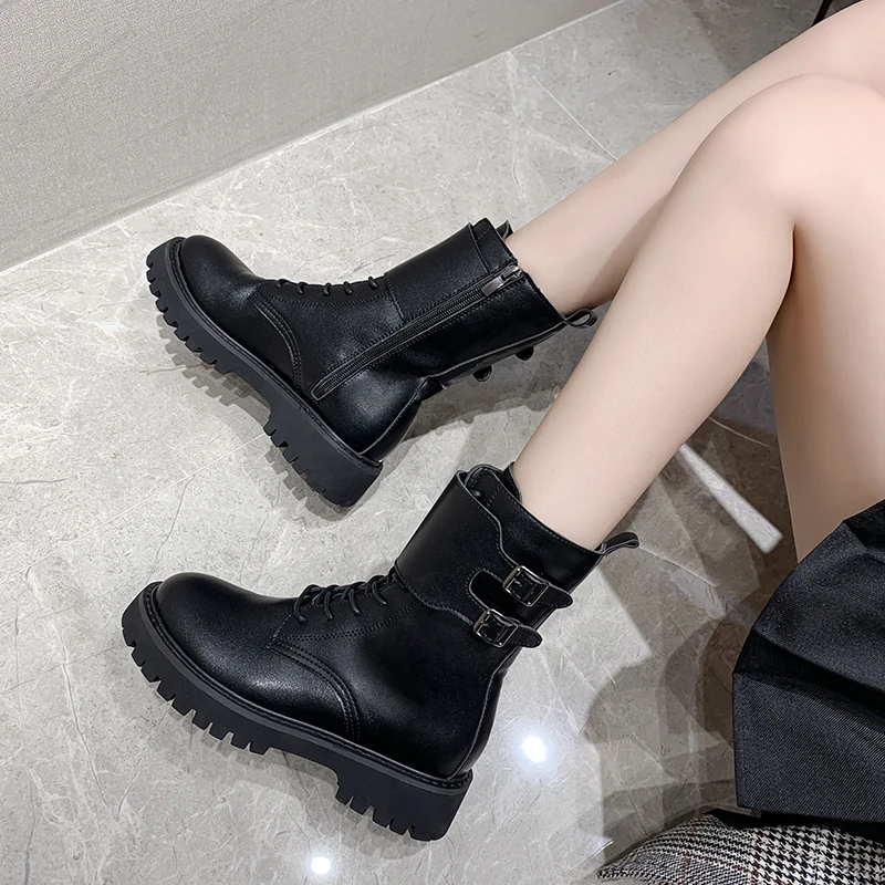 

2021 Winter Autumn Women Ankle Boots Black Leather Fashion Motorcycle Waterproof Female Lace Up Platform Boot Buckle Strap Shoes