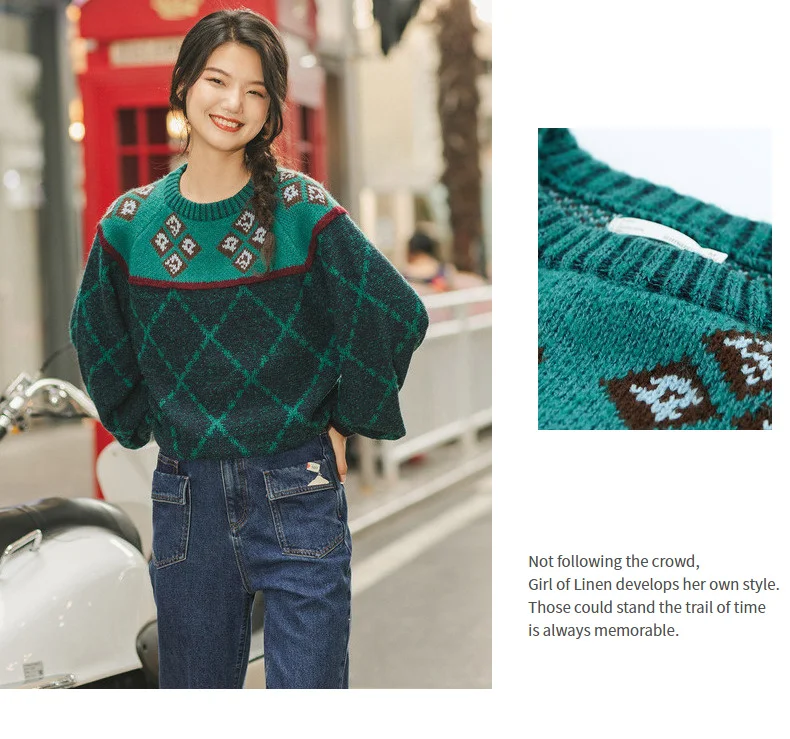 INMAN Winter New Arrival Literary O-neck Jacquard Contrast Color Thick Loose Women Pullover