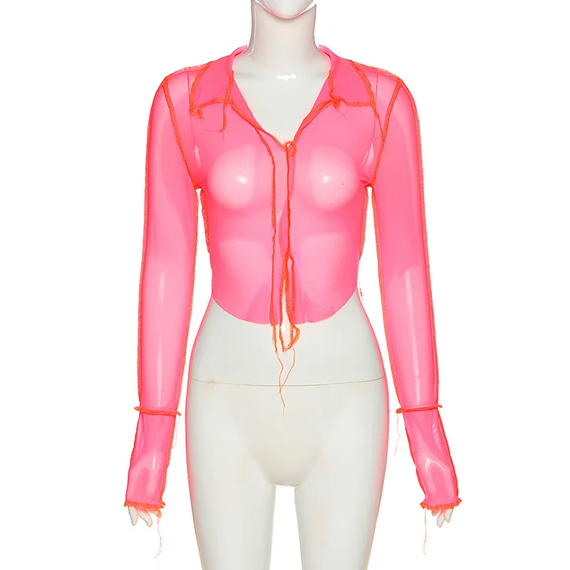 

Sexy Low Cut Mesh Crop Top Women T-shirt Autumn New Club Party Black See-Through Transparent Long Sleeve Tee Shirt Female Tops