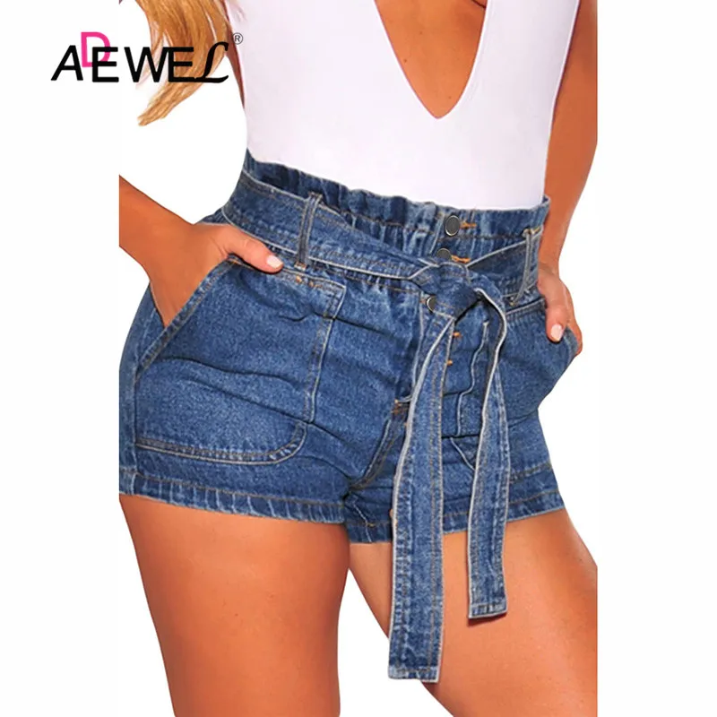 ADEWEL Women Casual Loose Ladies Fashion Roll Up Hem Elastic Waist Pocket Blue White Jeans Female Summer High Denim Shorts | Женская