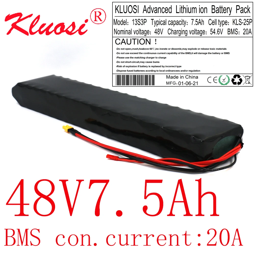 

KLUOSI 48V 7.5Ah 13S3P 8Ah 250W 450W 550W 750W 54.6V Rechargeable Lithium Battery Pack Built-in 20A BMS for Scooter Ebike Motor