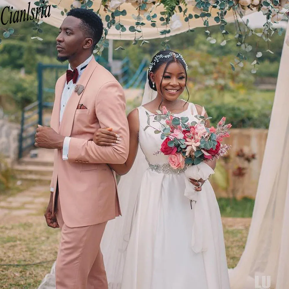 

Персиковые розовые облегающие Свадебные смокинги на одной пуговице две штуки шаль отворот мужские костюмы комплект на заказ куртка брюки