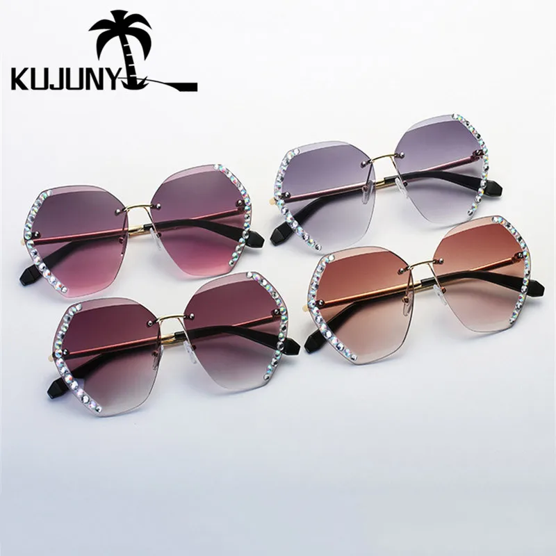 

KUJUNY New Frameless Sunglasses Women Personalized Diamond Sun Glasses Lady Rimless Anti-UV Eyeglasses Eyewears