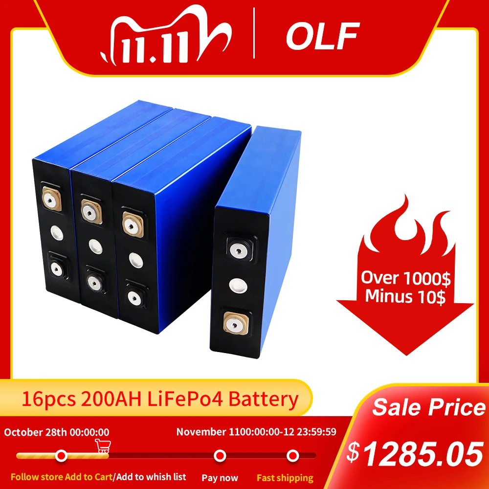 

16PCS brand new 3.2v 200ah lifepo4 rechargeable battery lithium iron phosphate solar battery RV 16s 48v cell pack US/UK Tax Free