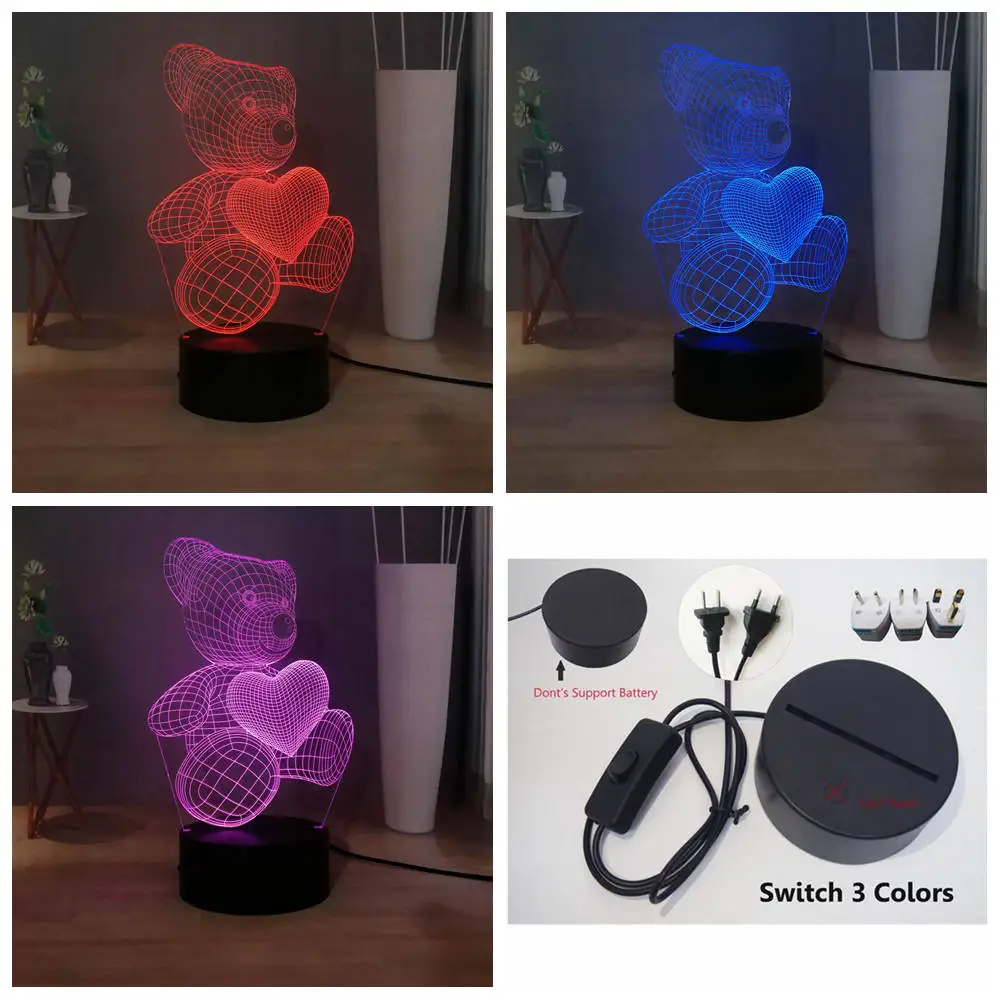 Switch 3 colors Милый детский Рождественский подарок USB маленький милый медведь в виде сердца 3D светодиодный RGB Ночной светильник атмосферная настольная лампа для маленьких девочек Декор для спальни - Испускаемый цвет: Switch 3 colors