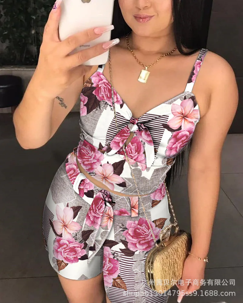 

WEPBEL Women Strappy Floral Print Crop Tops + Shorts Leisure Summer Fashion Drawstring Waist Outfits Two Piece Sets