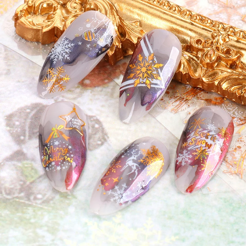 

3D Christmas Nail Art Decoration Stickers Sparkly Gold White Colorful Glitter Geometry Snowflake Winter Slider Nail Accessories