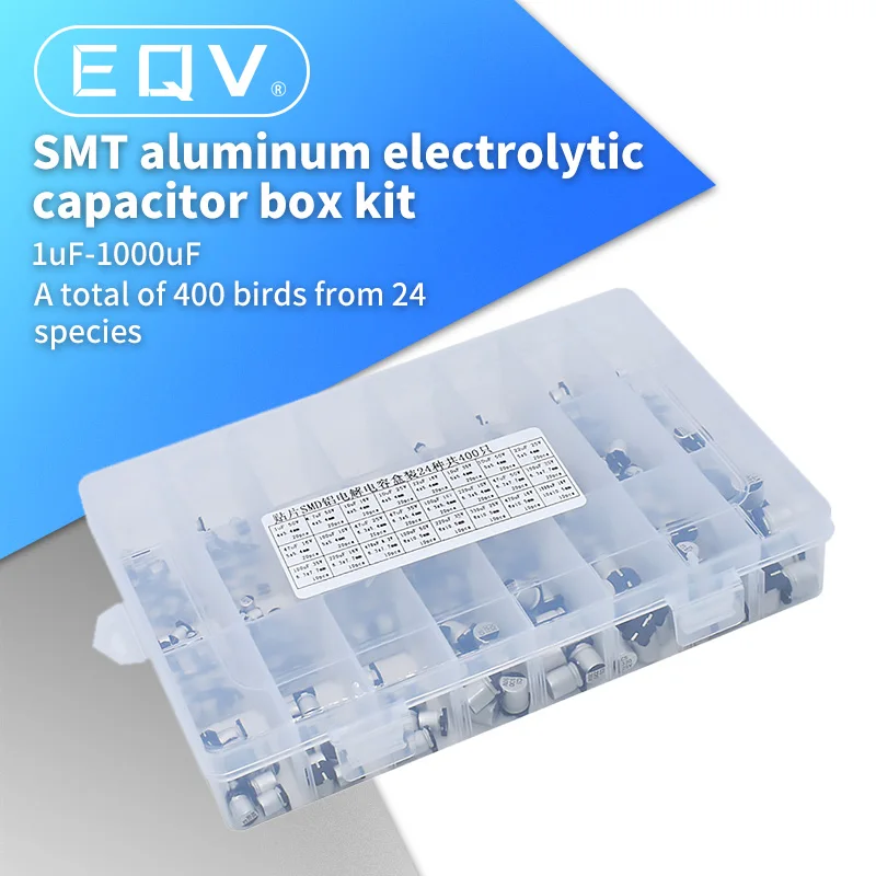 1UF~1000UF 6.3V-50V 400Pcs 24Value SMD Aluminum Electrolytic Capacitors Assortment Kit + Box