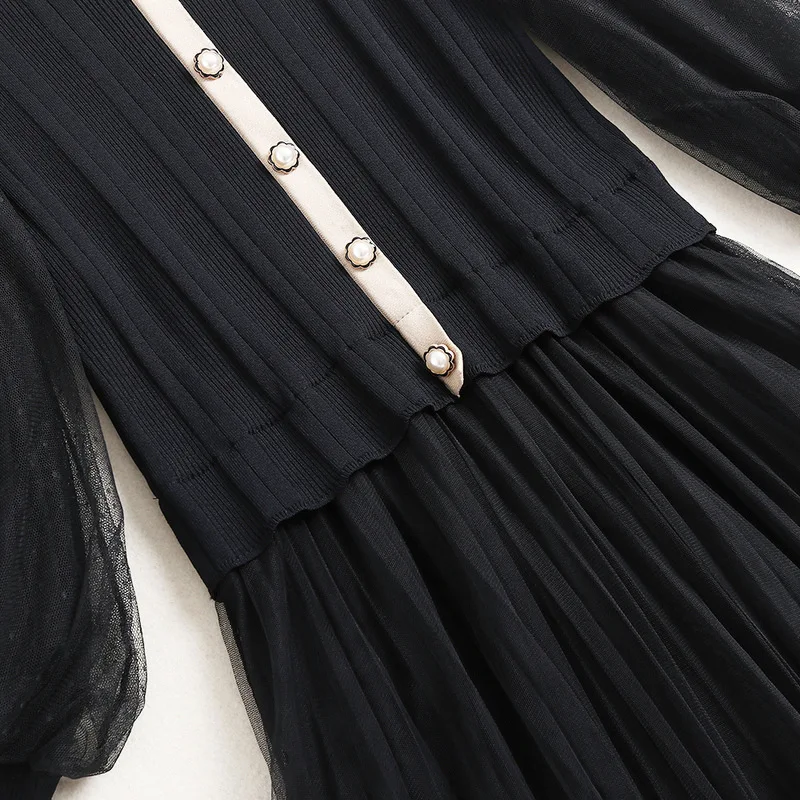 

Retro Print Pleated Dress Women Elegant Knitted Patchwork Long Midi Dress Autumn Winter Long Sleeve Vintage Belt Sashes