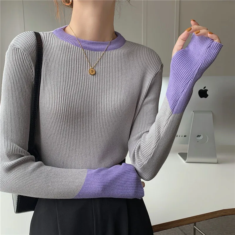 

2021 Fall Sweaters Long Sleeve Fingers Slim Knitted Pullovers O-neck Color Patchwork Jumpers Women Casual Knitwear S078