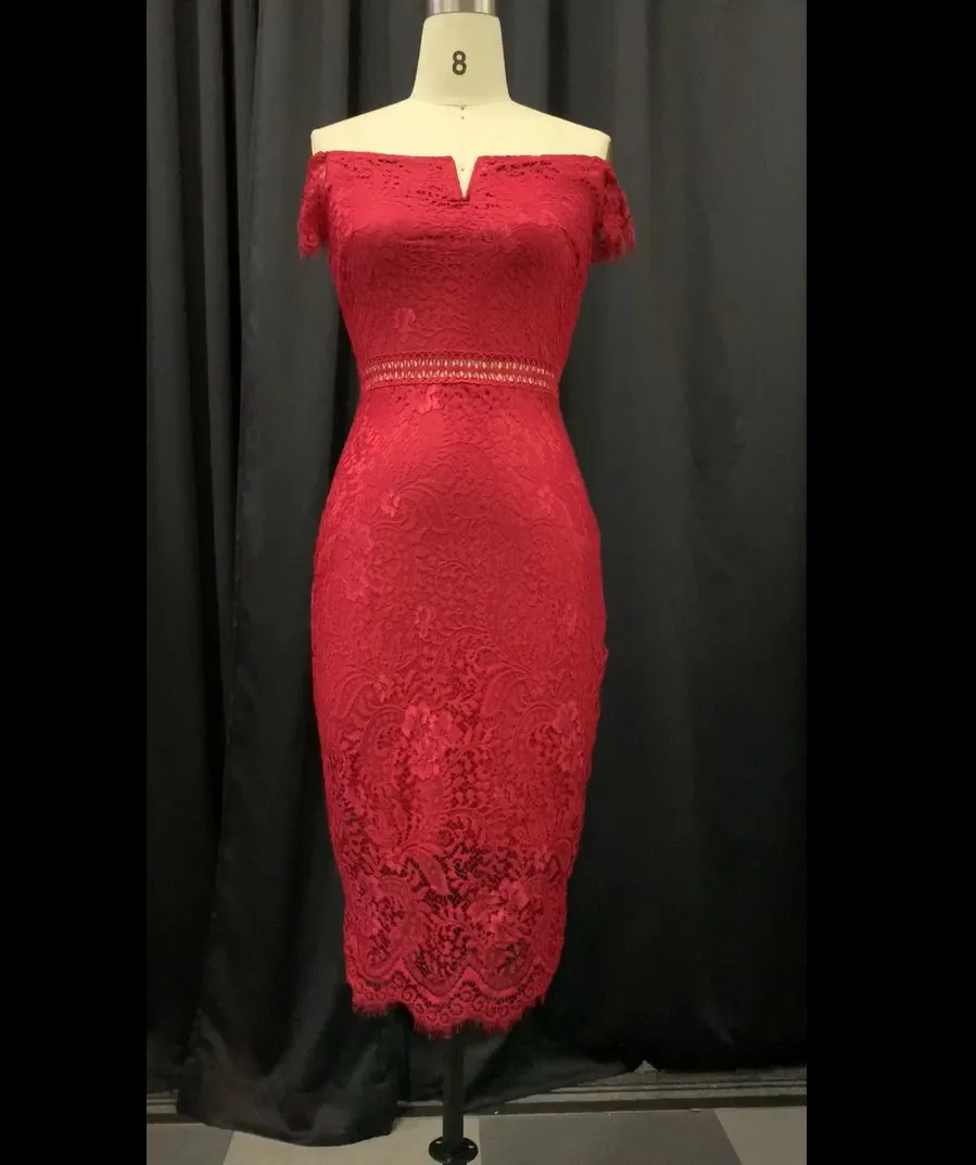 Women Summer Dresses Vintage Elegant Party Red Office Lady Bodycon Off Shoulder Solid Hollow Lace Female Fashion Retro Dress | Женская
