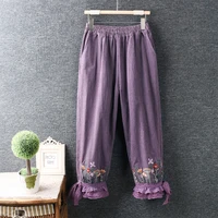 autumn new women small fresh elastic waist embroidery flower corduroy pants loose capris casual daily wear ht5020