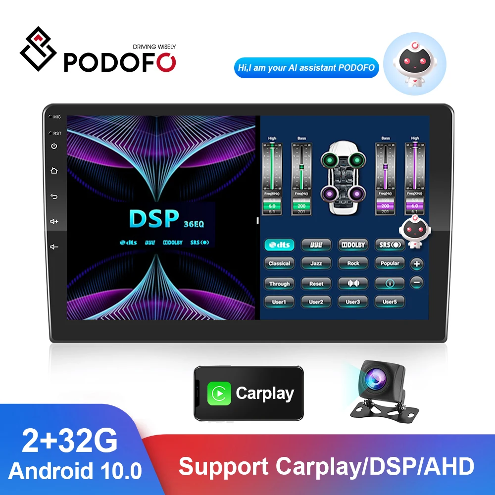 

Podofo Android 10,0 автомобильное радио DSP 2 Din 2 + 32G стерео приемник Ai Voice Bluetooth FM GPS WIFI Carplay Авторадио мультимедийный плеер