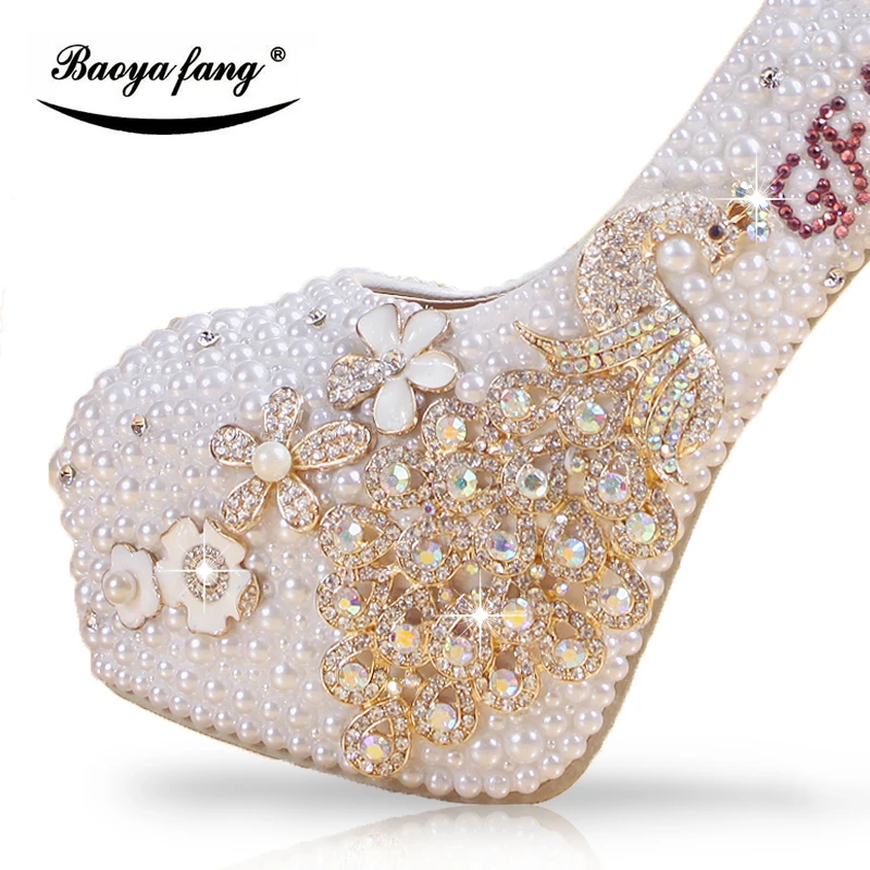 

BaoYaFang White pearl beads Womens wedding shoes Bride high woman party dress shoes Luxury peacock female shoes high Pumps