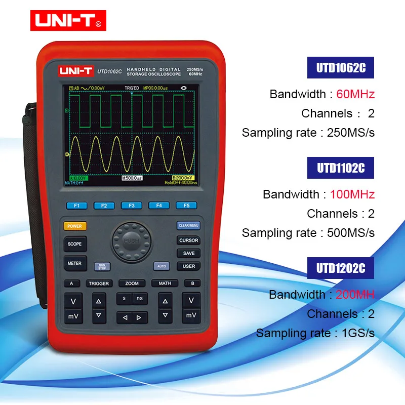 

UNI-T UTD1202C UTD1102C UTD1062C осциллограф Ручной цифровой осциллограф 2CH 200 МГц Пропускная способность 1GS/s частота дискретизации 1.8ns