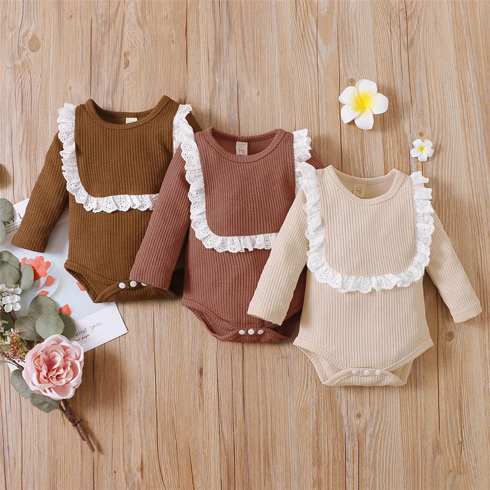 

0-24M Baby Girls Knitted Rib Long Sleeve Romper With Lace Trim Spring Autumn Warm Newborn Infant Solid Color Bodysuits 2021