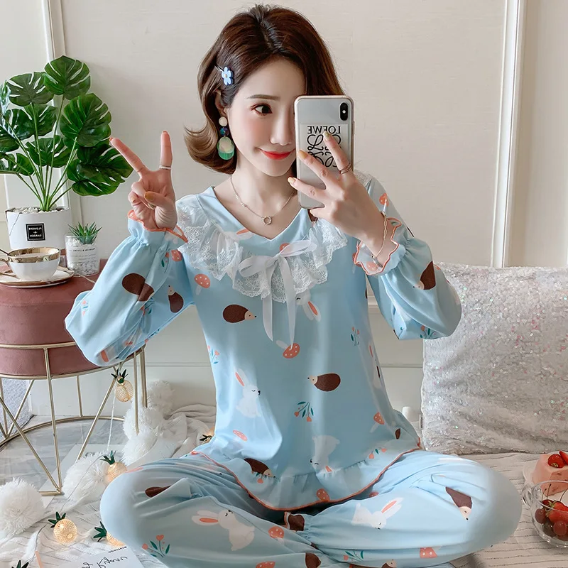

SLPBELY Milk Shreds Women Pajamas Set Lace Lovely Long Sleeve Night Suit Spring Casual Girls Sleepwears Nightwear Homewear