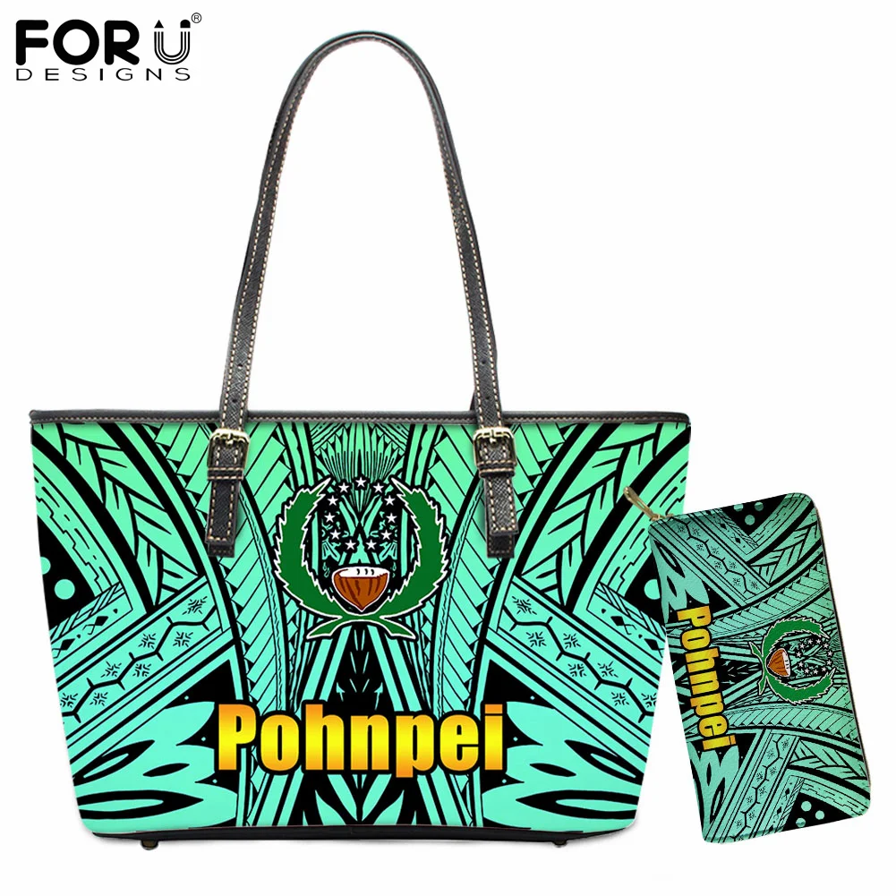 

FORUDESIGNS New Fashion Pohnpei Flag Polynesian Tribal Print Tote Bag for Ladies PU Leather Shoulder Bag 2Pcs/Set Handbag&Wallet
