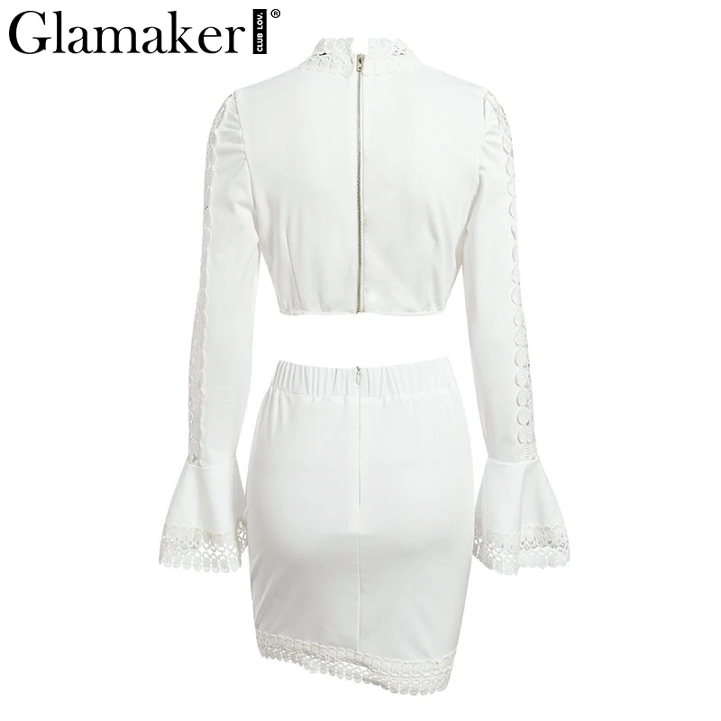 Glamaker, кружевное Белое Облегающее мини-платье, Женский костюм из двух частей, с расклешенными рукавами, зимнее платье, осенние короткие сексуальные вечерние элегантные платья для клуба