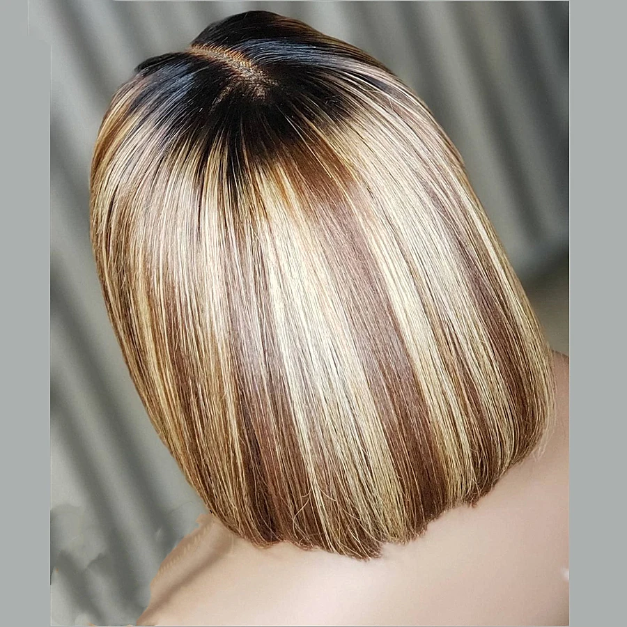 

Short Cut Bob Ombre Blonde Highlight Straight 13x4 Lace Frontal Wig For Women With Baby Hair Middle Part Preplucked Glueless