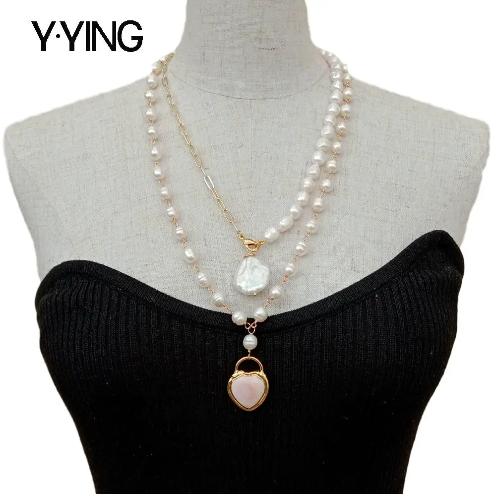 

Y.YING Natural Cultured White Baroque Pearl Necklace Pink Queen Conch Heart Pearl Charm statement necklace 21"