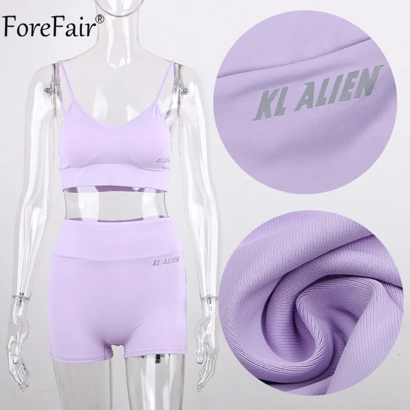 Forefair Summer 2020 Refiective Women Sets Spaghetti Strap Crop Top White And Biker Shorts Two Pieces Set Sleeveless Workout |