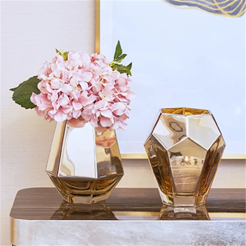 

WU CHEN LONG European Golden Glass Vase Decoration Living Room TV Cabinet Small Fresh Flower Arrangement Home Decor A2367