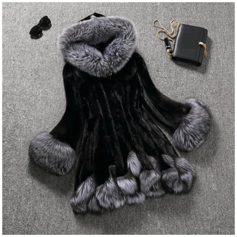 Женское пальто из искусственного меха средней длины куртка с капюшоном норки и