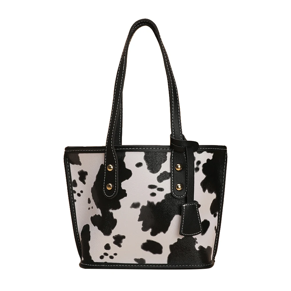 

Casual Ladies Bucket Small Purse Tote Handbags Retro Women Cow Map Pattern Printing PU Leather Woven Shoulder Shopping Bag