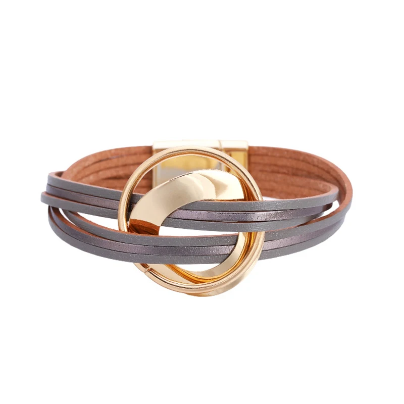 

Simple Genuine Leather Bracelets Multilayer Crafs Women Jewelry Metal Irregular Circle Charm Bohemia Wrap Jewelry Gift Women