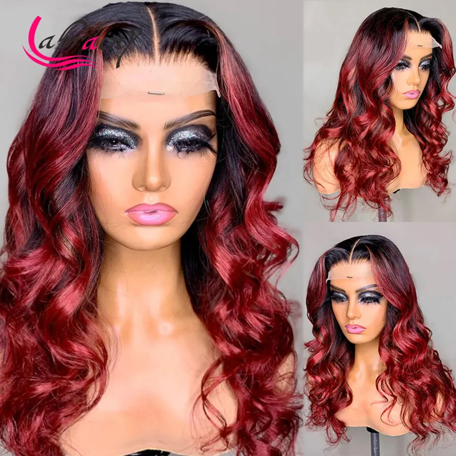 

Ombre 99J HD Transparent Lace Front Human Hair Wigs Body Wave Highlight Red Wig Curly burgundy Pre Plucked Bleached Knots
