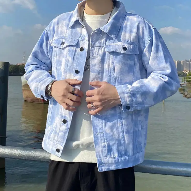 

Men 's Denim Coat 2021 Spring And Autumn Korean Style Lapel Long-Sleeved Cardigan Printed Top