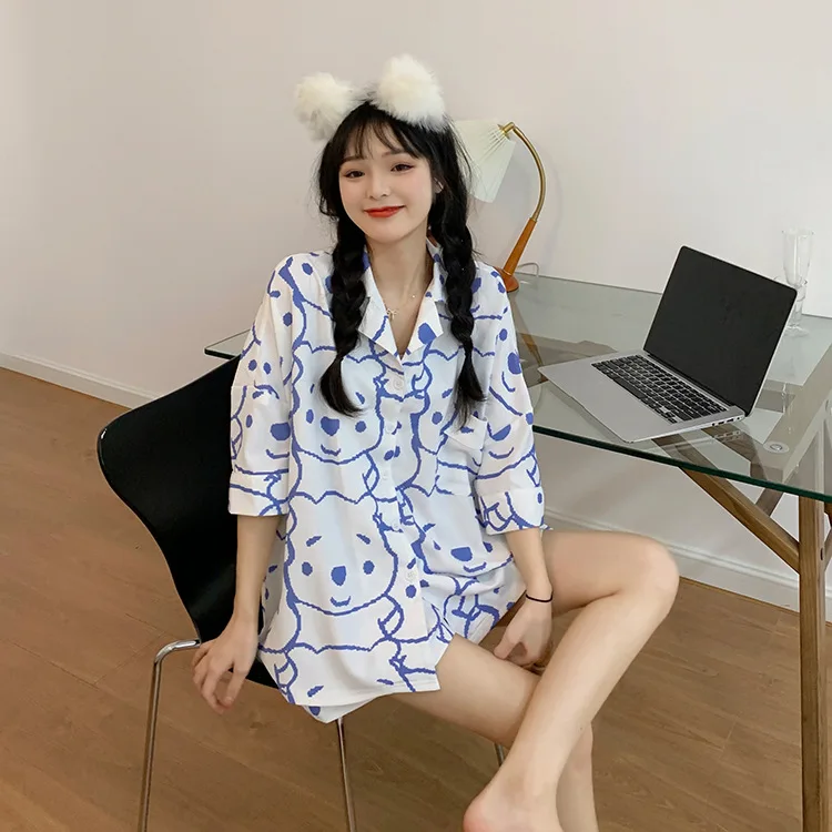 

Summer pajamas women's short-sleeved shorts lapel cardigan Korean style sweet student home service double short two-piece suit