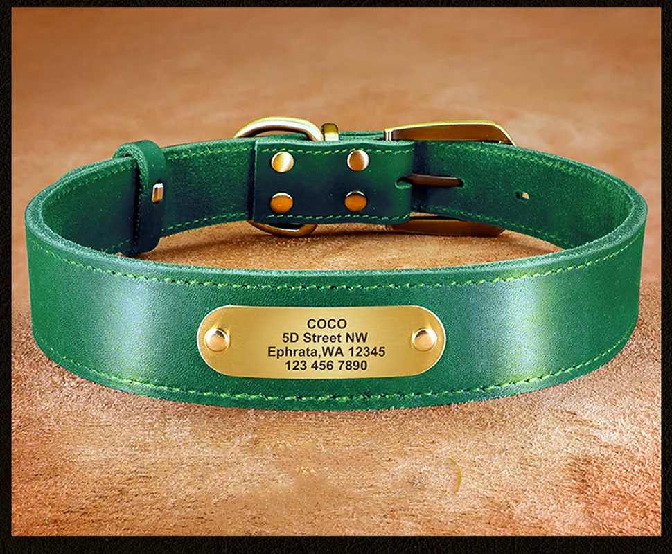 

Best Quality Leather Collar For Pets Dog ID Tags Leather Leashes For Dogs Cat Collar Laser Engraved Name Puppy Collar XS-2XL