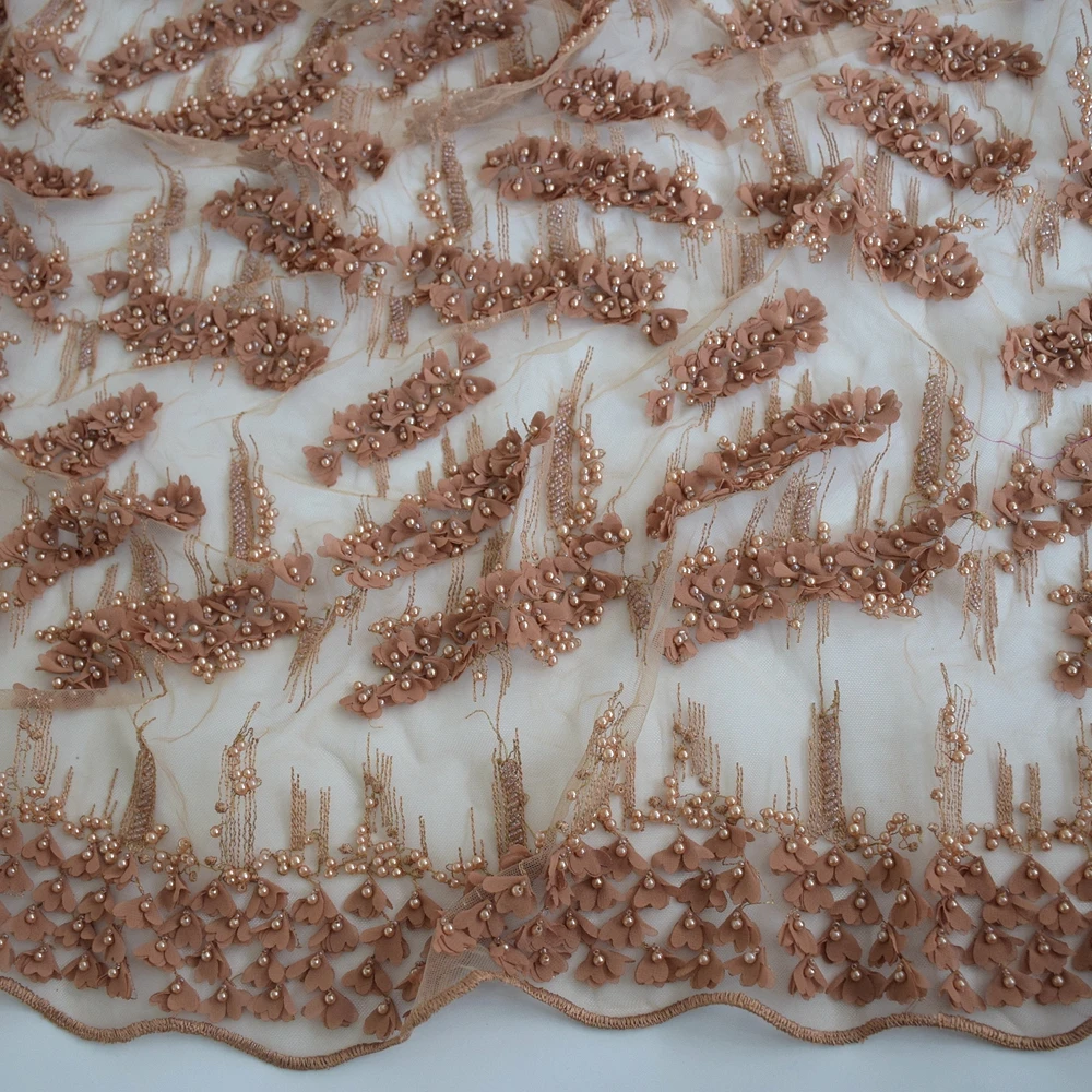 

2021 brown heavy handmade lace fabric with pearls embroidery net fabric HY0704-7