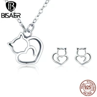 authentic 100 925 sterling silver heart shape cute cat necklace earrings jewelry set women girl sterling silver jewelry