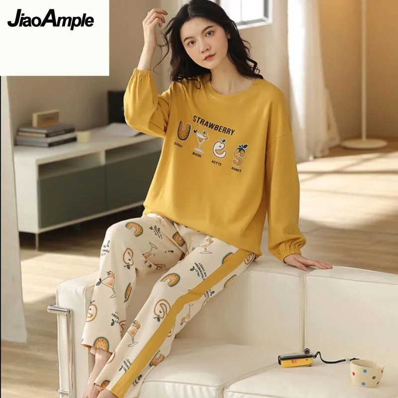 100% Cotton Pajamas Women Pijamas Set 2022 Spring Autumn New  Cute Cartoon Casual Simple Home Clothes Female Sleepwear Nightie