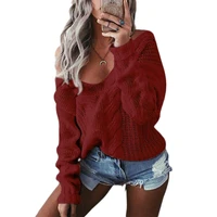 Women Long Sleeve Cable Knit Sweater Sexy V-Neck Off Shoulder Loose Jumper Tops
