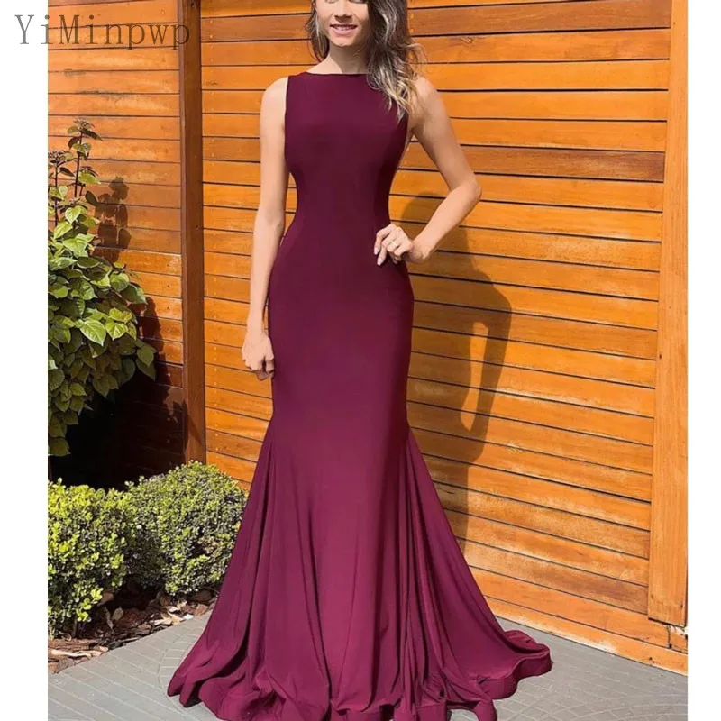 

YiMinpwp Burgundy Mermaid Prom Dresses Bateau Backless Cutaway Sides Simple Long Formal Women Evening Gown robes de soirée